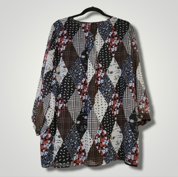 Tommy Hilfiger Top 1X Womens Blouse Patchwork Floral Print Plus Keyhole Back - Picture 4 of 9